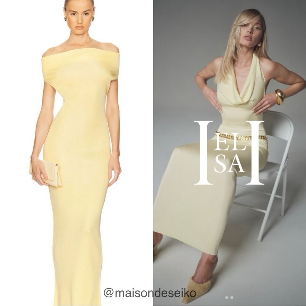 NWT Helsa Maxi Dress Aaliyah Butter Yellow Knit Cowl Neck Off Shoulder size M